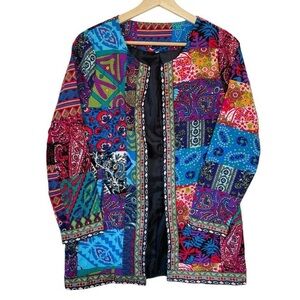 Bright & Colorful Patchwork Print Hippie Boho Bohemian Open Front Blazer Jacket